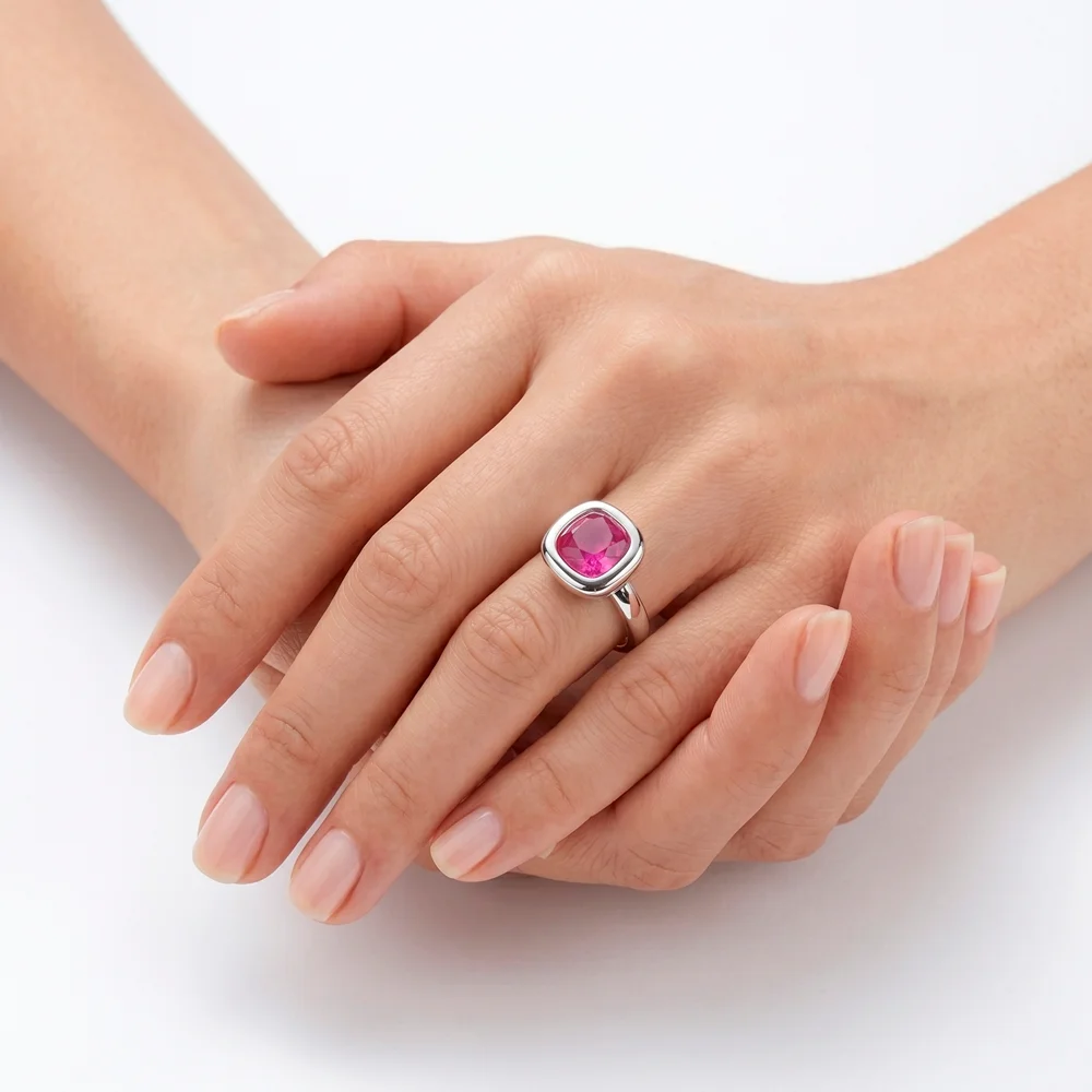 Modelo anillo solitario fucsia
